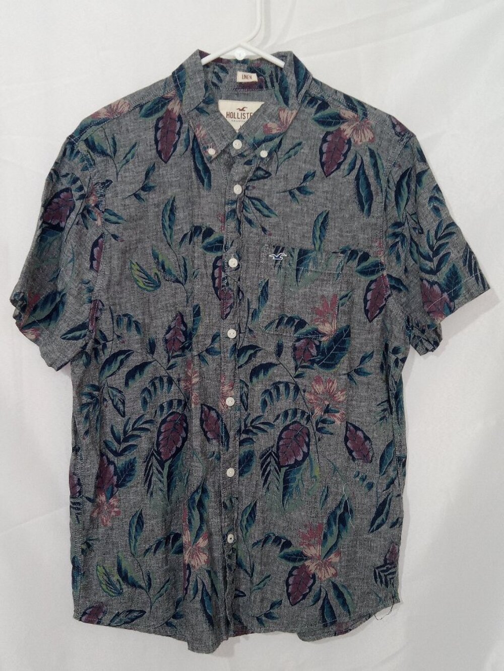Hollister Linen Camp Shirt Mens L Gray Floral Collar Short Sleeve Preppy Coastal - Picture 1 of 11